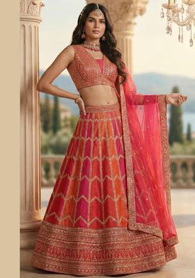 Orange And Pink Embroidery Georgette Lehenga Set