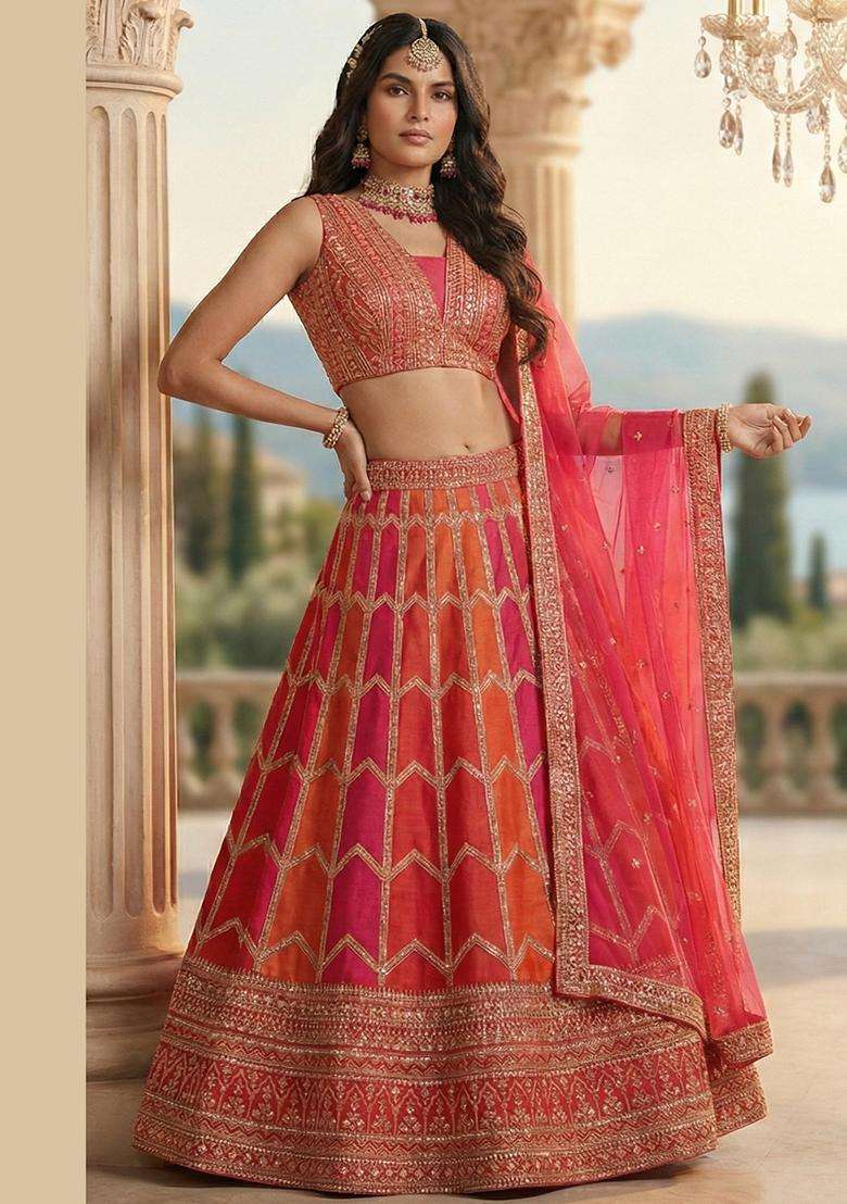 Orange And Pink Embroidery Georgette Lehenga Set for Diwali and Festive Wear - Indya