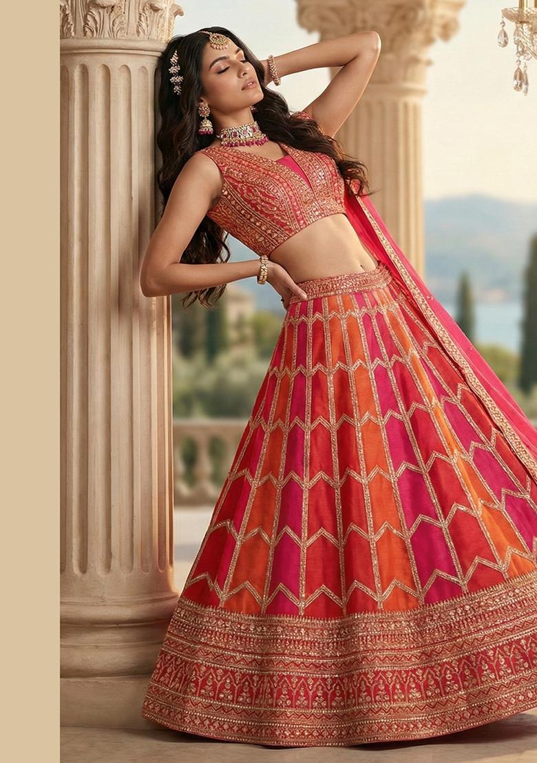 Orange And Pink Embroidery Georgette Lehenga Set - Indya