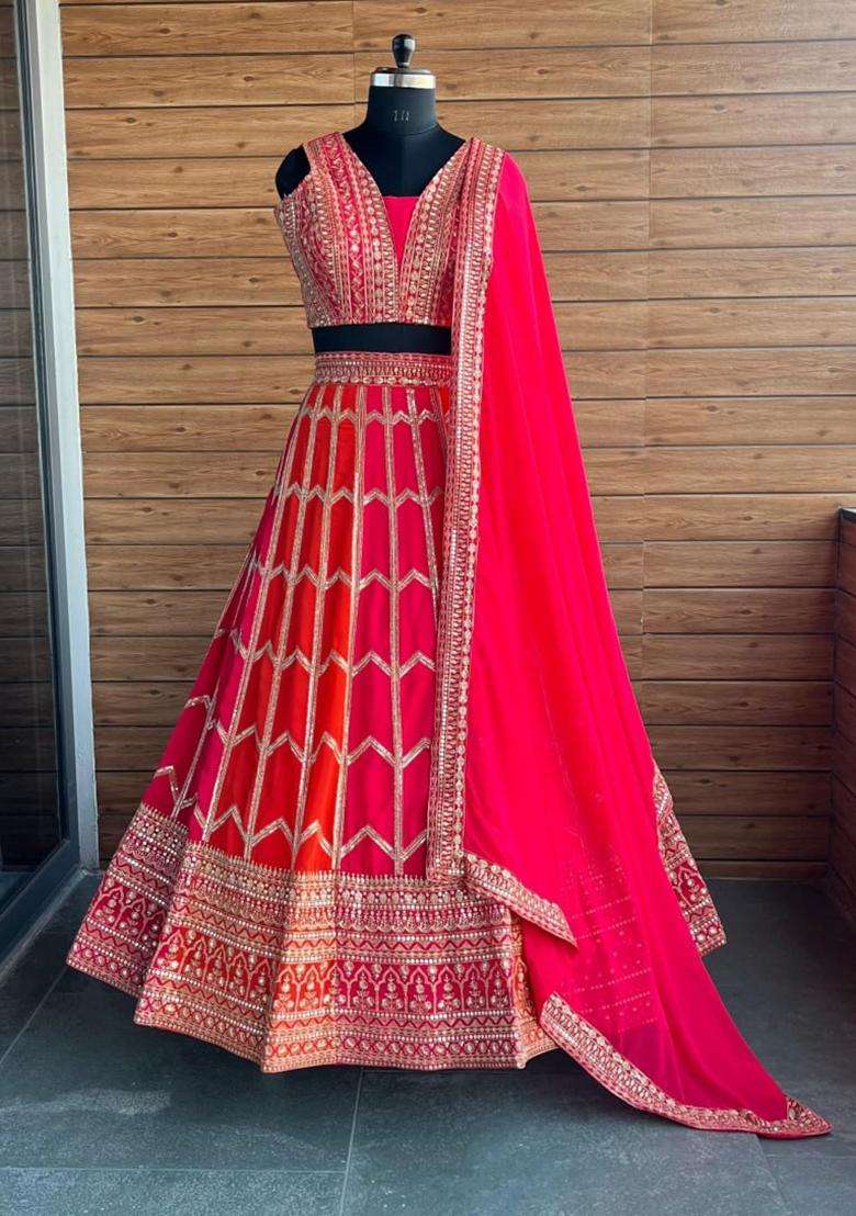Orange And Pink Embroidery Georgette Lehenga Set for Diwali and Festive Wear - Indya