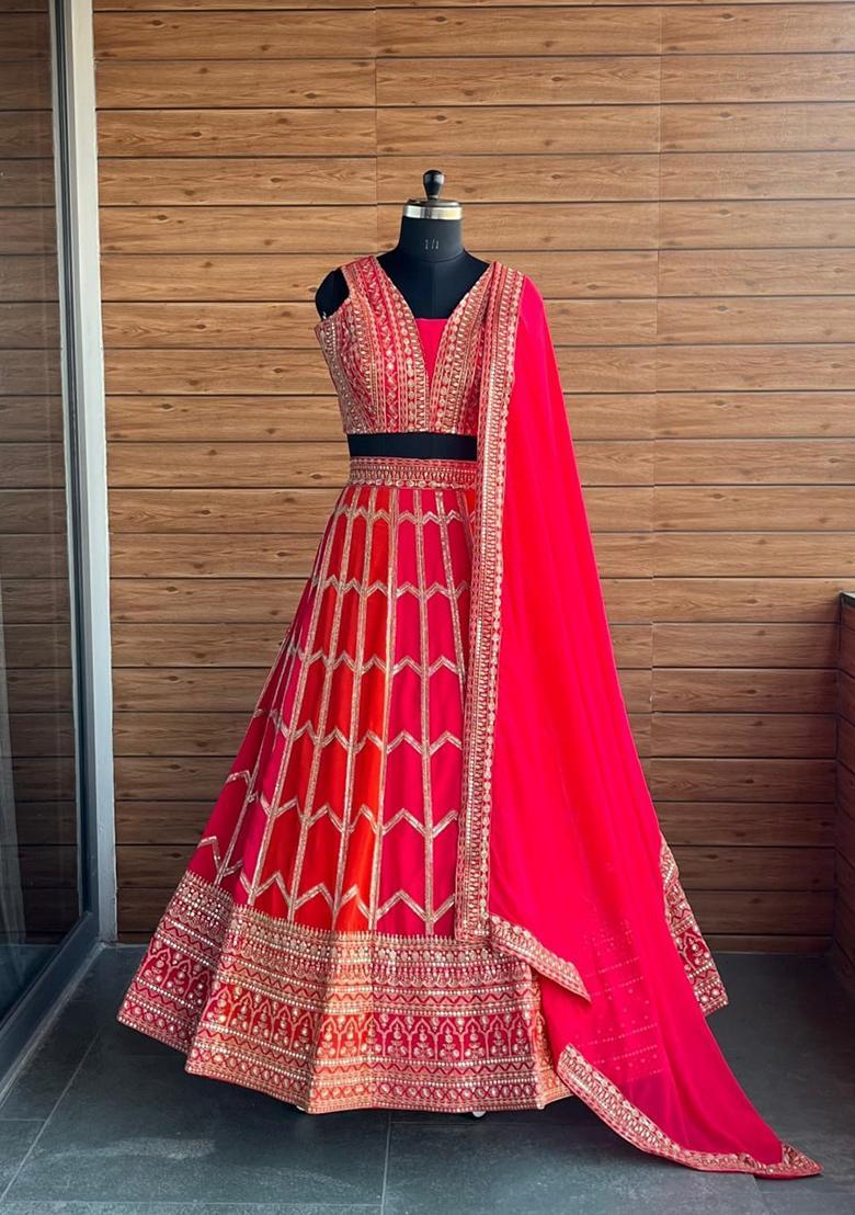 Orange And Pink Embroidery Georgette Lehenga Set - Indya