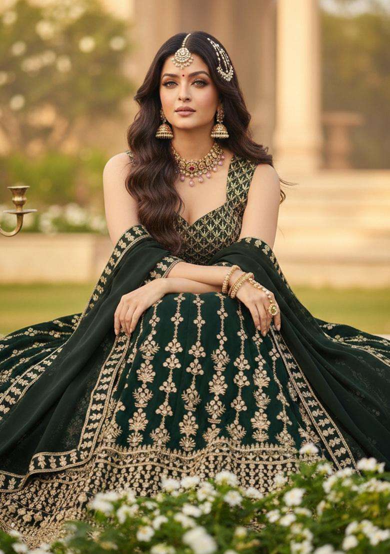 Bottle Green Georgette Lehenga Set with Embroidery for Diwali | Wedding & Festive Wear - Indya