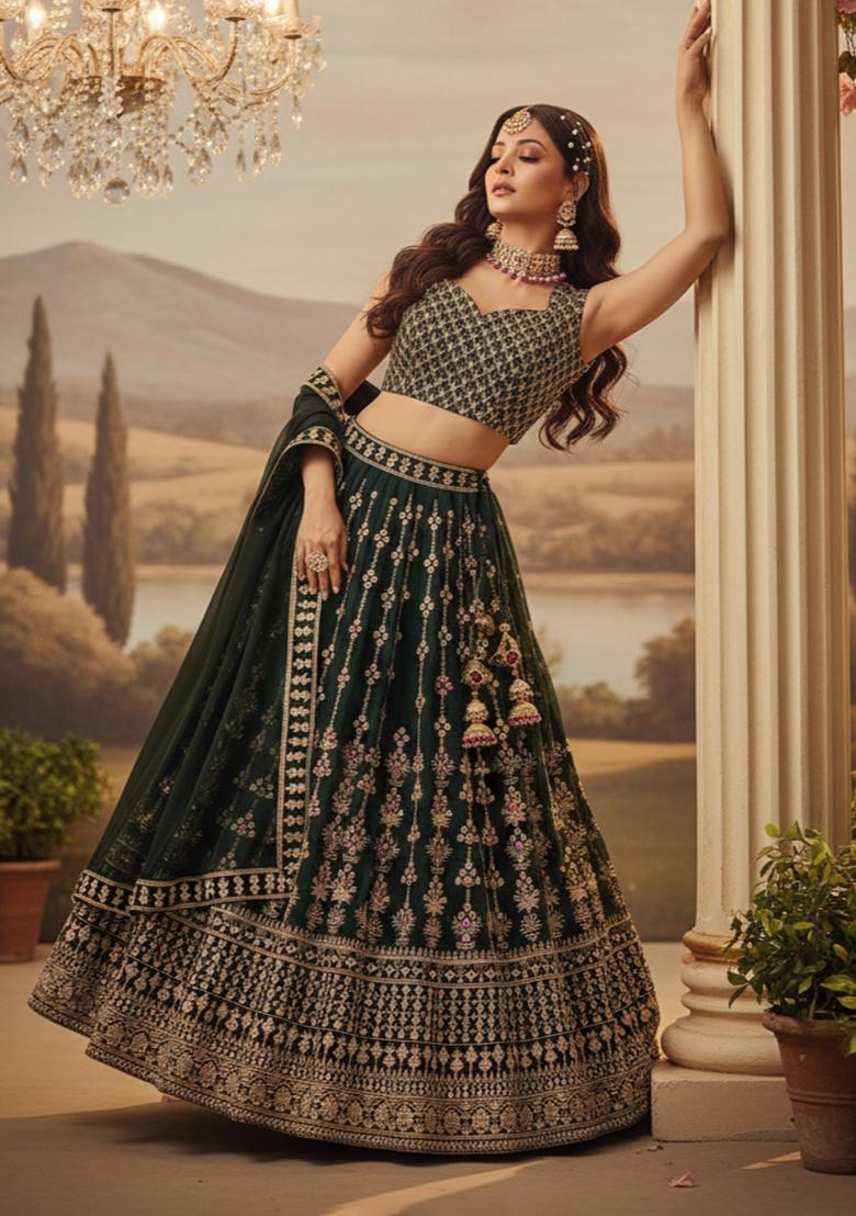 Bottle Green Embroidery Georgette Lehenga Set - Indya