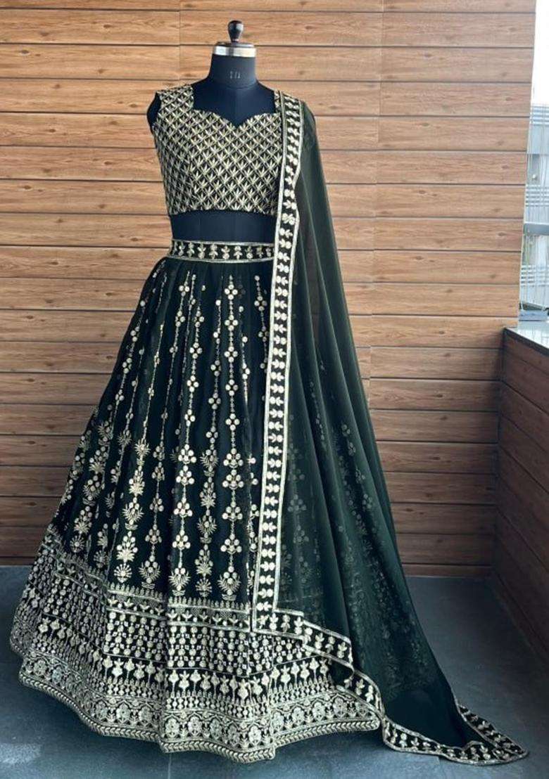 Bottle Green Georgette Lehenga Set with Embroidery for Diwali | Wedding & Festive Wear - Indya