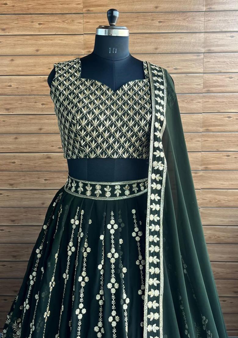Bottle Green Embroidery Georgette Lehenga Set - Indya
