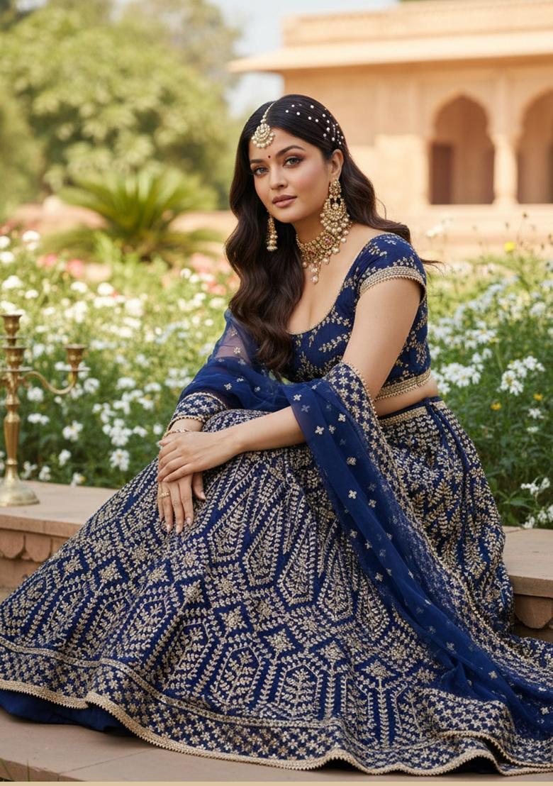 Blue Embroidery Silk Lehenga Set - Indya