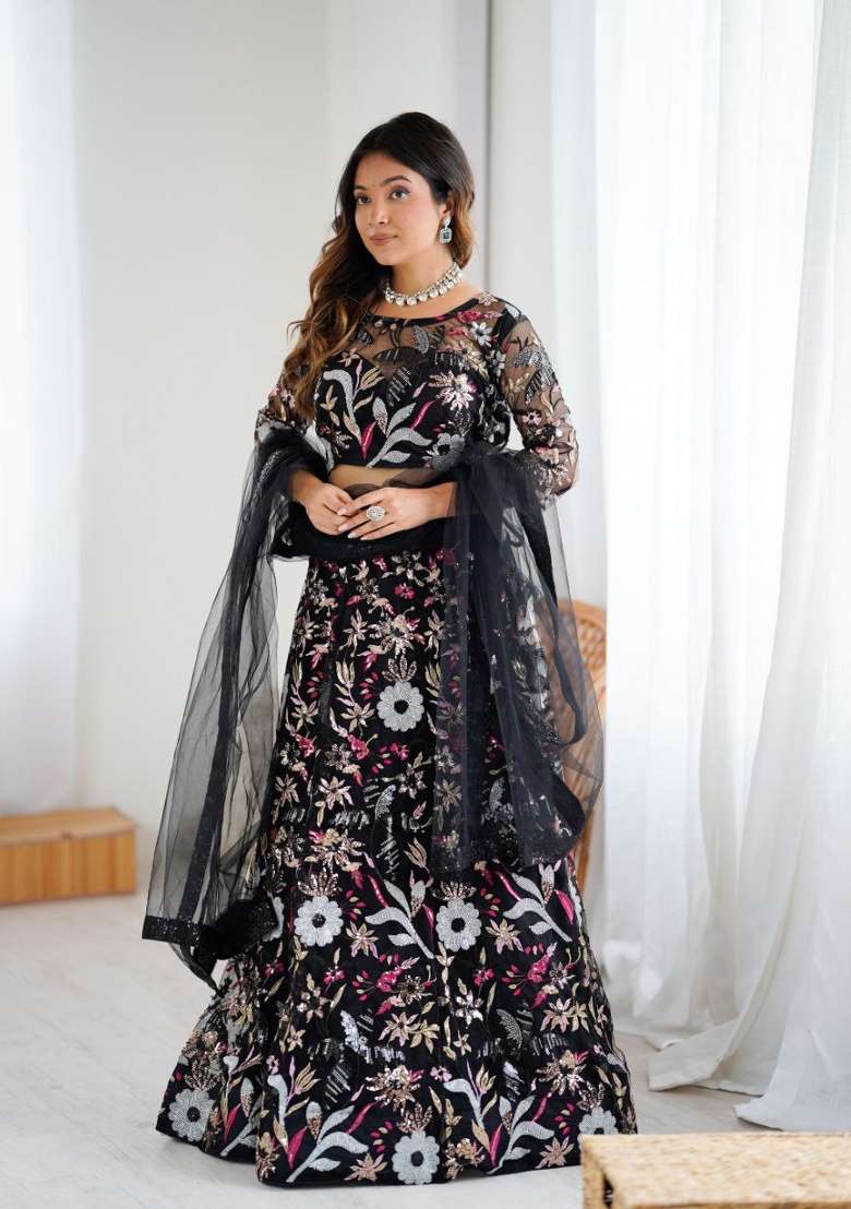 Multicolor Embellished Net Lehenga Set for Diwali and Festive Wear - Indya