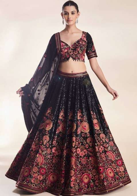 Multicolor Embellished Georgette Lehenga Set for Diwali and Festive Wear