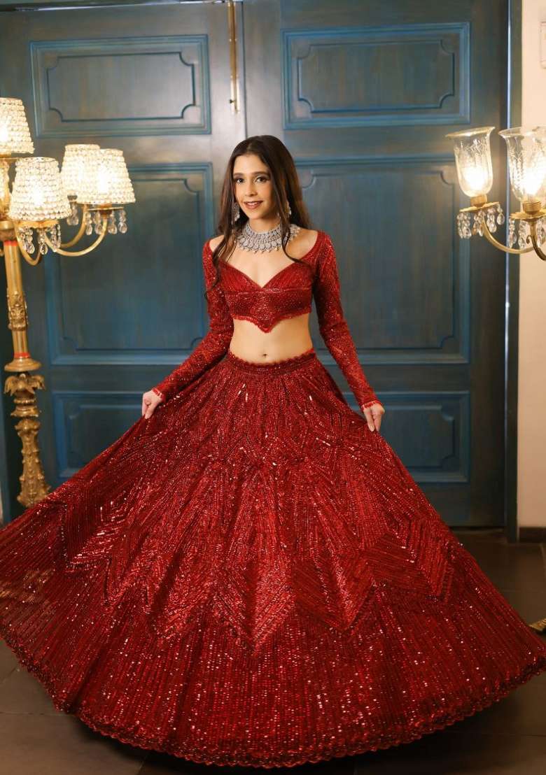 Multicolor Embroidery Satin Lehenga Set for Diwali and Festive Wear - Indya