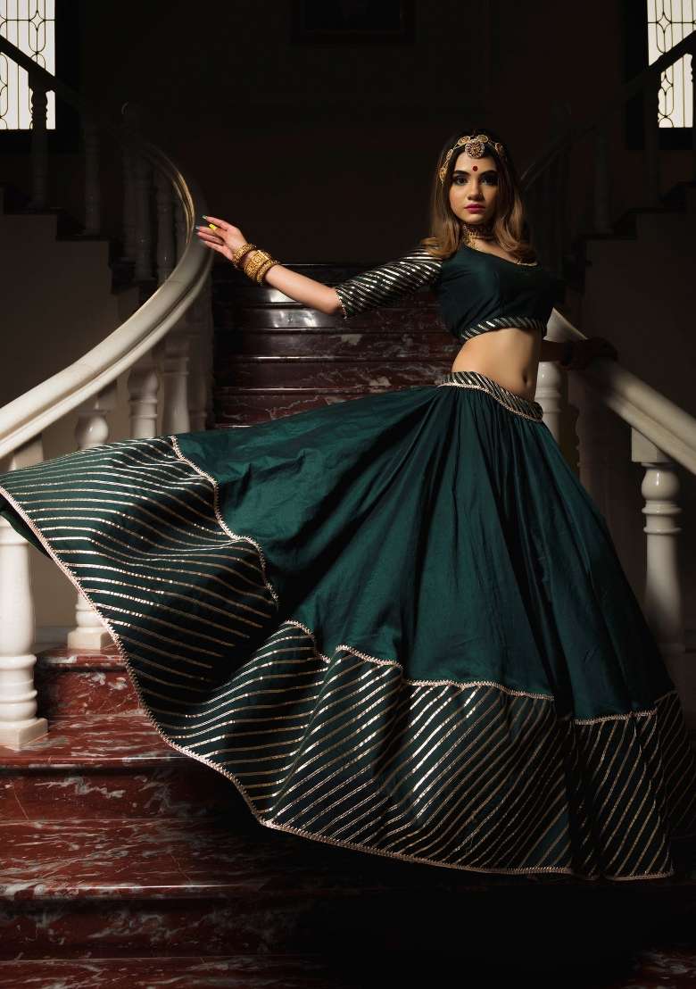 Multicolor Gotta Patti Work Silk Blend Lehenga Set for Diwali and Festive Wear - Indya