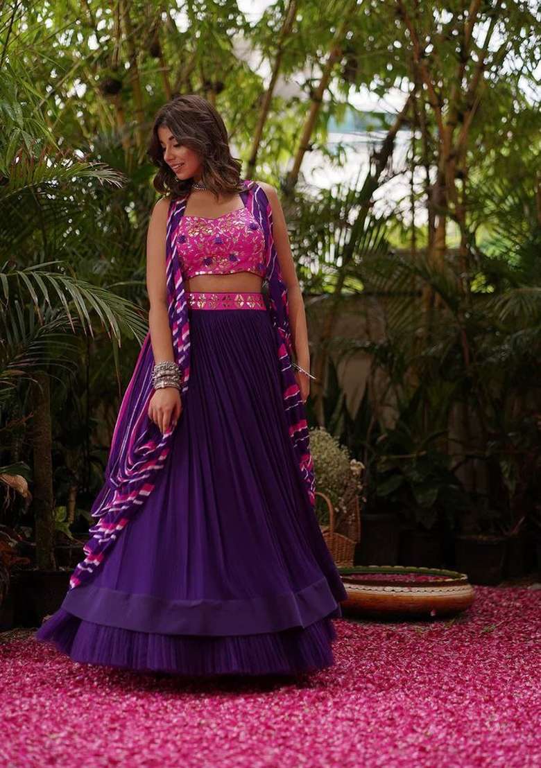 Multicolor Embellished Georgette Lehenga Set for Diwali | Wedding & Festive Wear - Indya