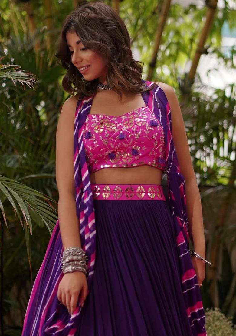 Multicolor Embellished Georgette Lehenga Set for Diwali | Wedding & Festive Wear - Indya