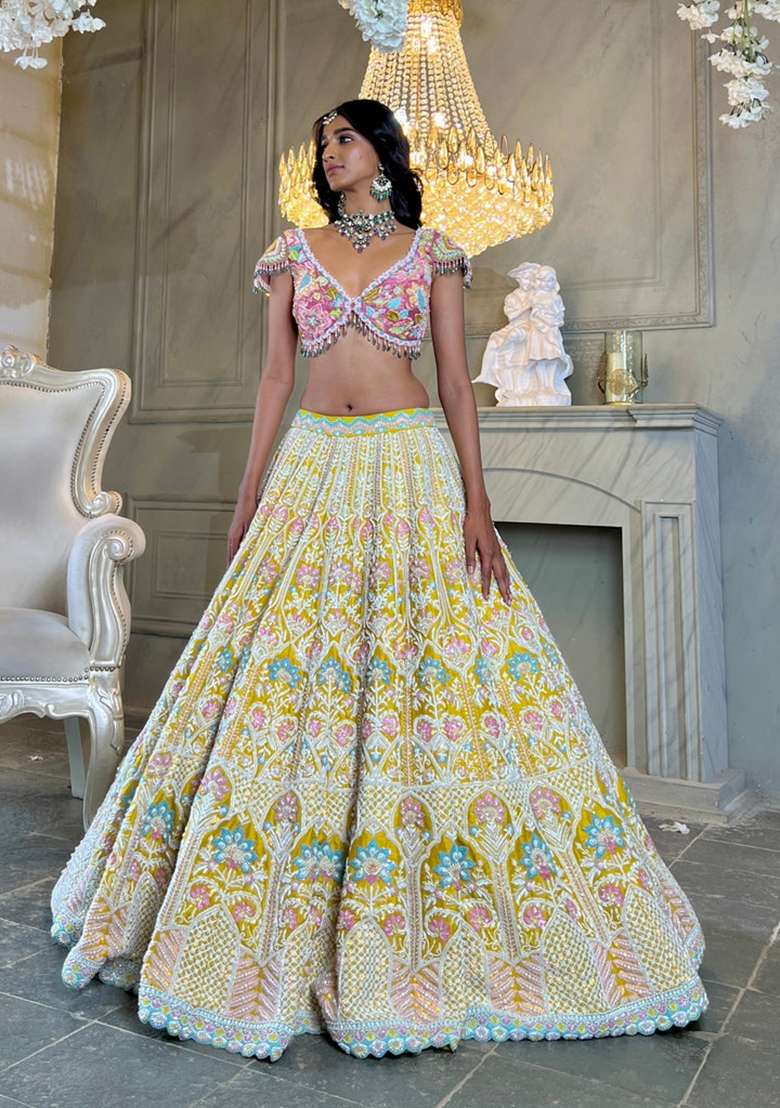 Multicolor Embroidery Silk Blend Lehenga Set for Diwali and Festive Wear - Indya