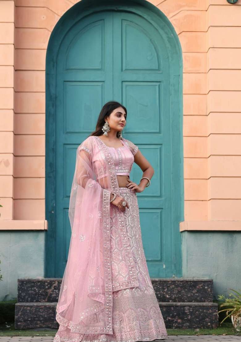 Multicolor Net Lehenga Set with Embroidery for Diwali | Wedding & Festive Wear - Indya