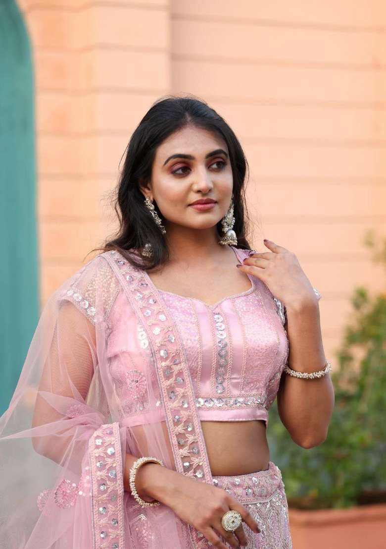 Multicolor Net Lehenga Set with Embroidery for Diwali | Wedding & Festive Wear - Indya