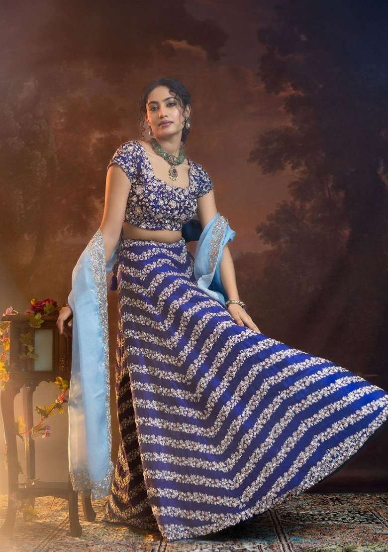 Multicolor Silk Blend Lehenga Set with Embroidery for Diwali | Wedding & Festive Wear - Indya
