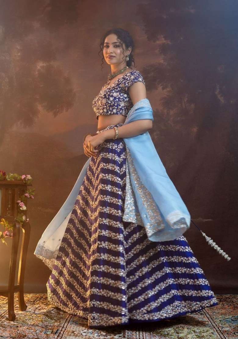 Multicolor Silk Blend Lehenga Set with Embroidery for Diwali | Wedding & Festive Wear - Indya