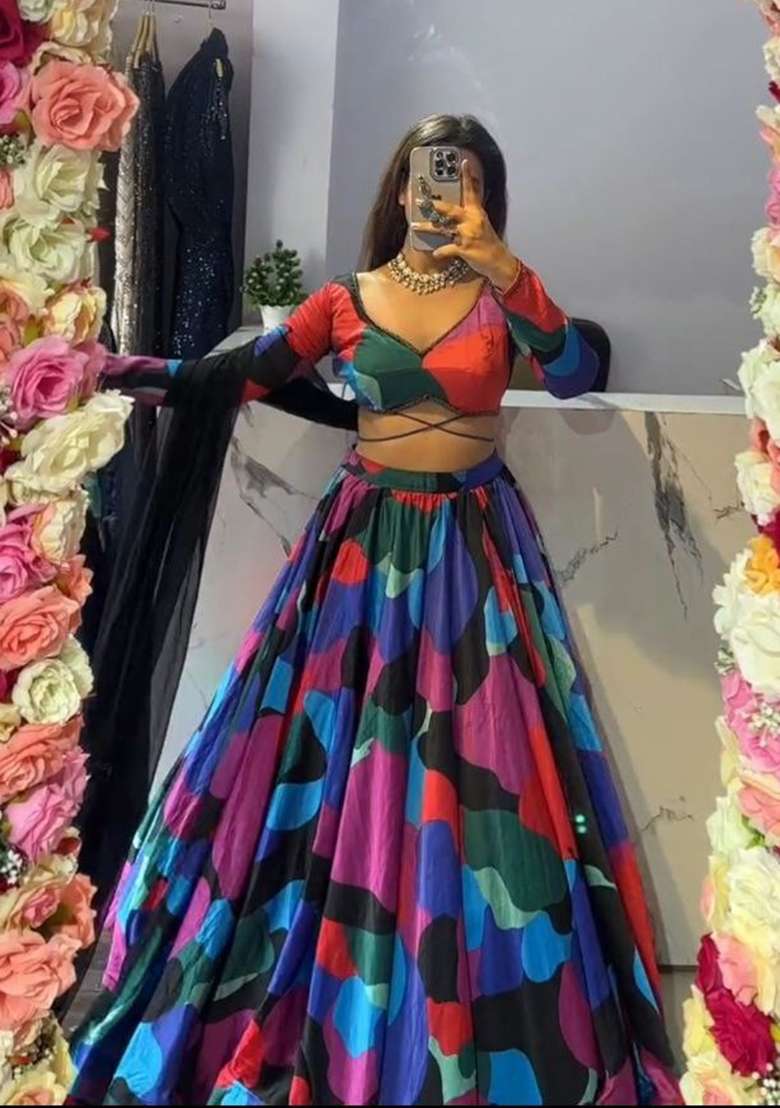 Multicolor Silk Blend Lehenga Set with Printed for Diwali | Wedding & Festive Wear - Indya