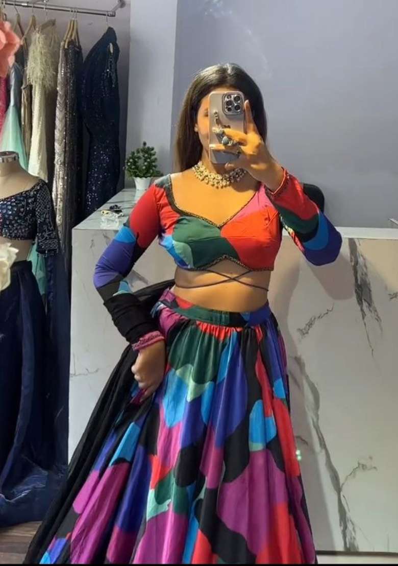 Multicolor Silk Blend Lehenga Set with Printed for Diwali | Wedding & Festive Wear - Indya