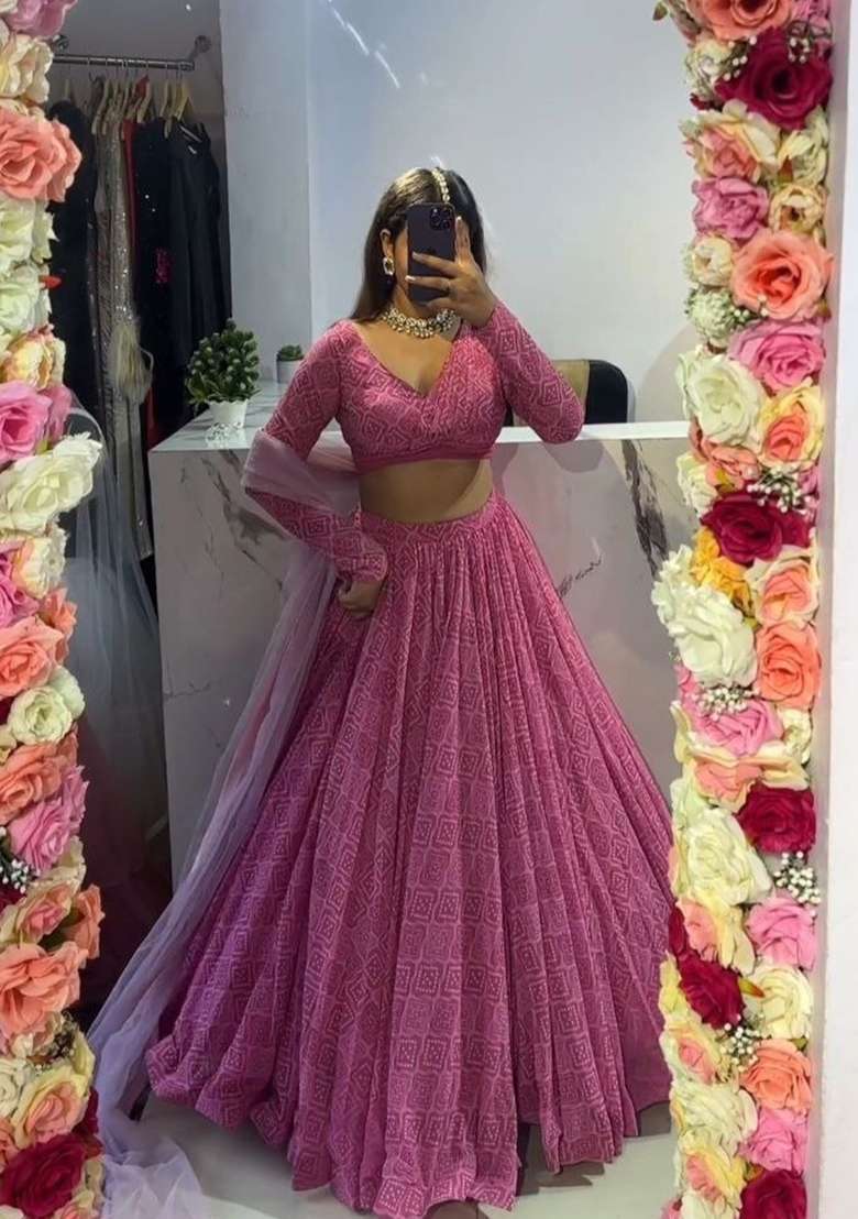 Multicolor Printed Georgette Lehenga Set for Diwali and Festive Wear - Indya