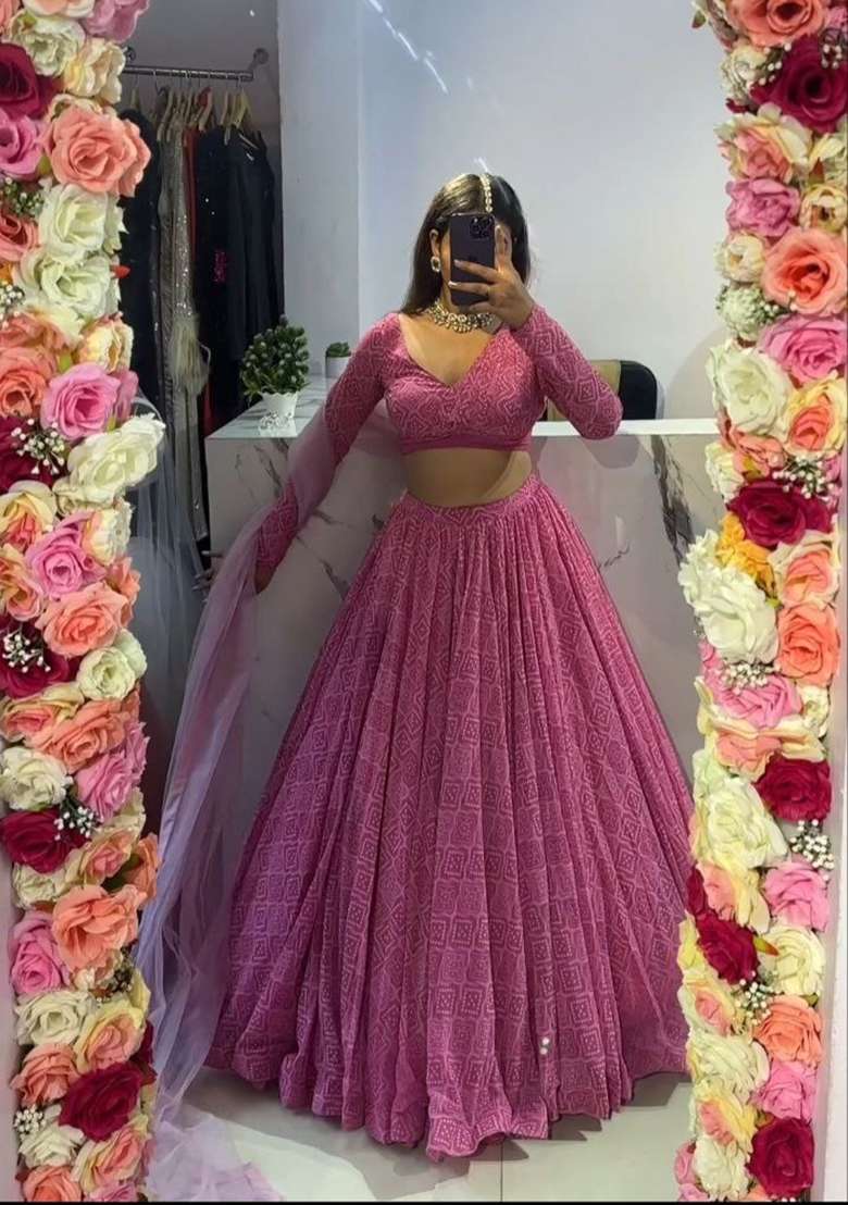 Multicolor Printed Georgette Lehenga Set for Diwali and Festive Wear - Indya