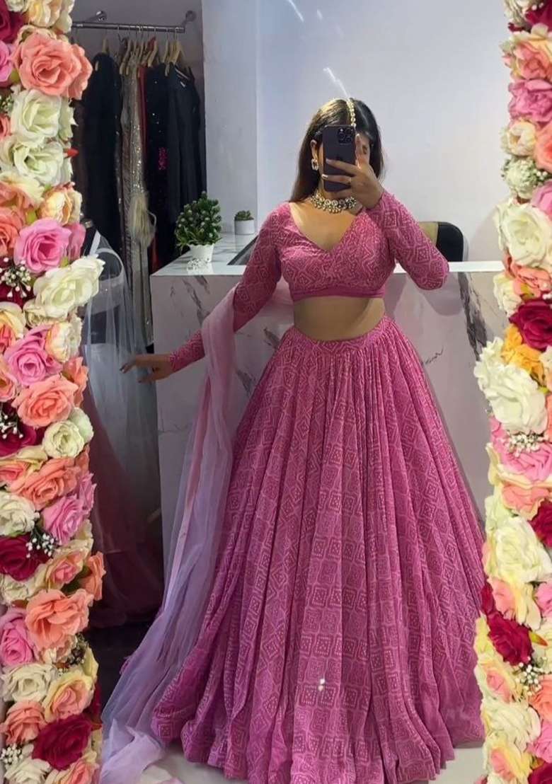 Multicolor Printed Georgette Lehenga Set for Diwali and Festive Wear - Indya