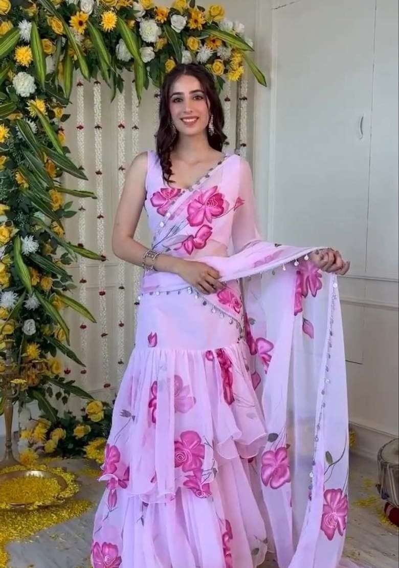 Multicolor Georgette Lehenga Set with Printed for Diwali | Wedding & Festive Wear - Indya