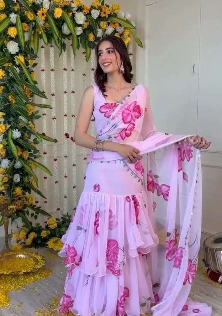 Multicolor Georgette Lehenga Set with Printed for Diwali | Wedding & Festive Wear - Indya