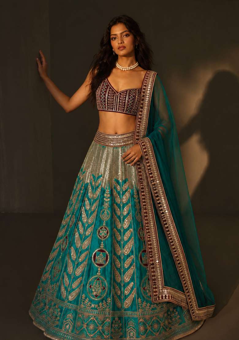 Multicolor Zari Weaving Satin Lehenga Set for Diwali | Wedding & Festive Wear - Indya