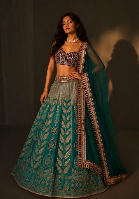 Multicolor Zari Weaving Satin Lehenga Set