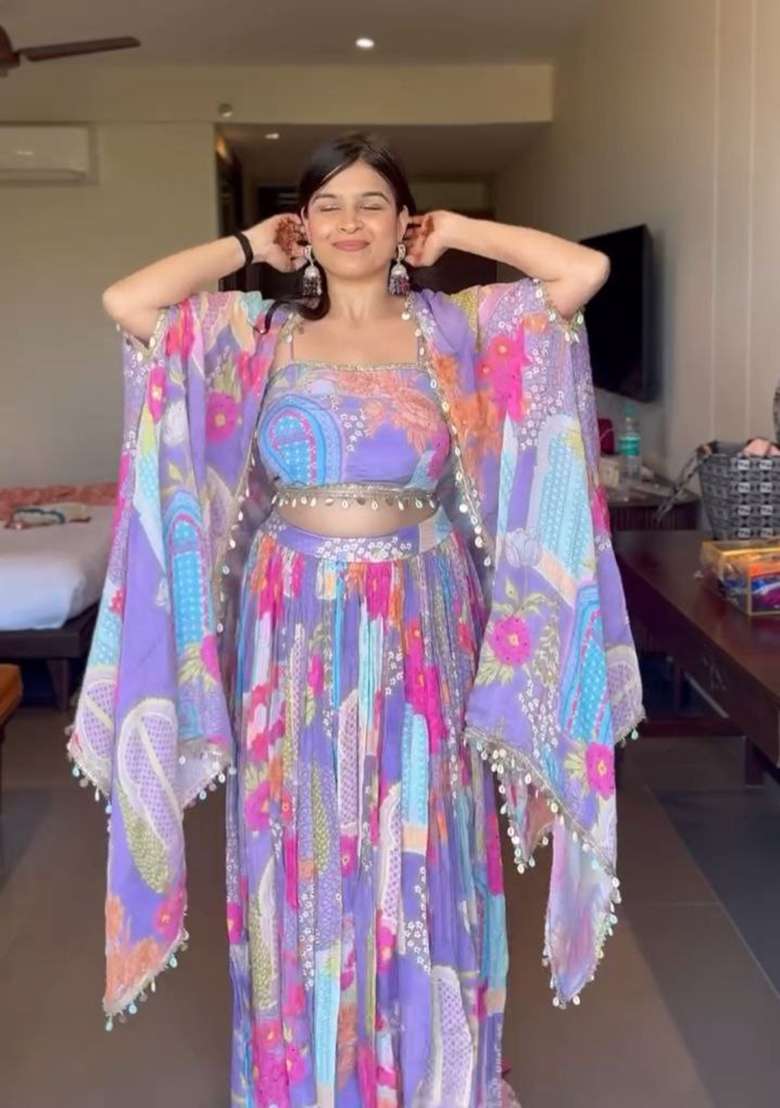 Multicolor Silk Blend Lehenga Set with Printed for Diwali | Wedding & Festive Wear - Indya
