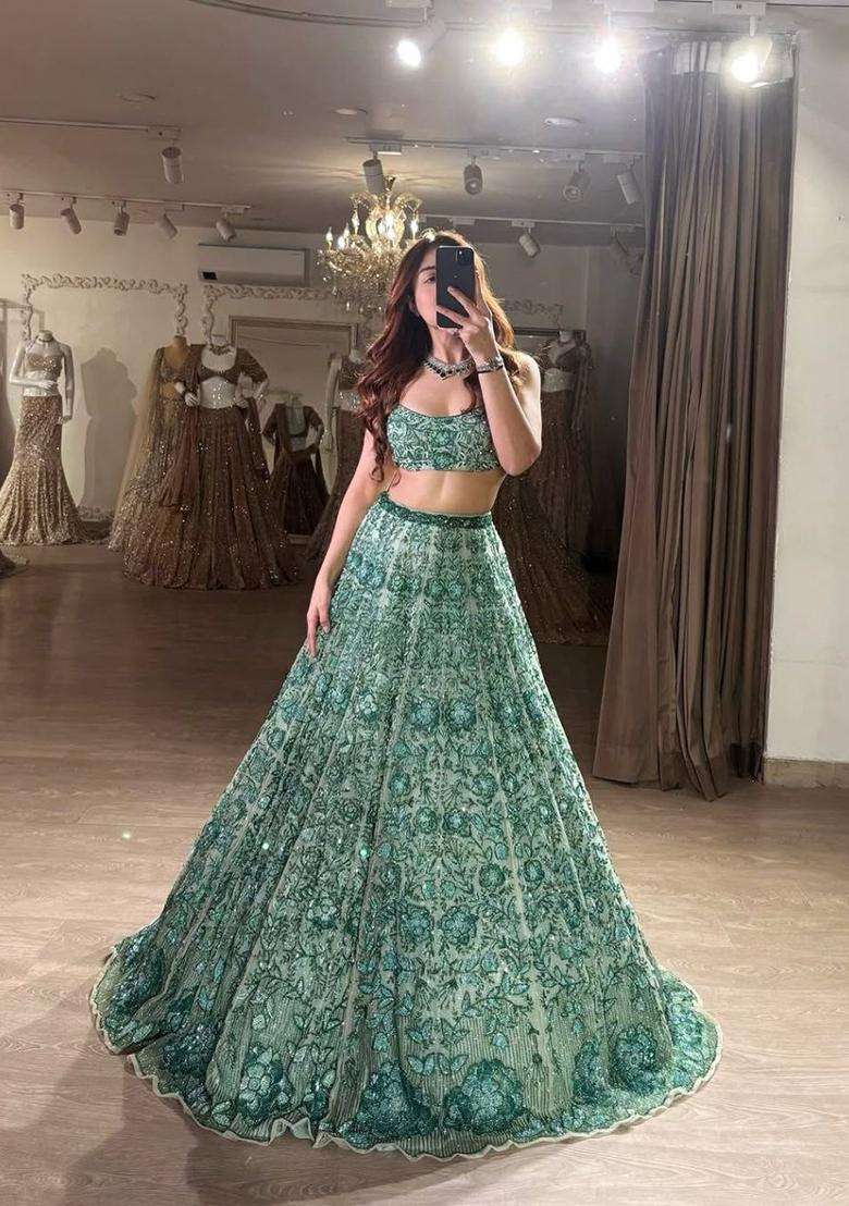 Sage Green Embroidery Georgette Lehenga Set for Diwali and Festive Wear - Indya