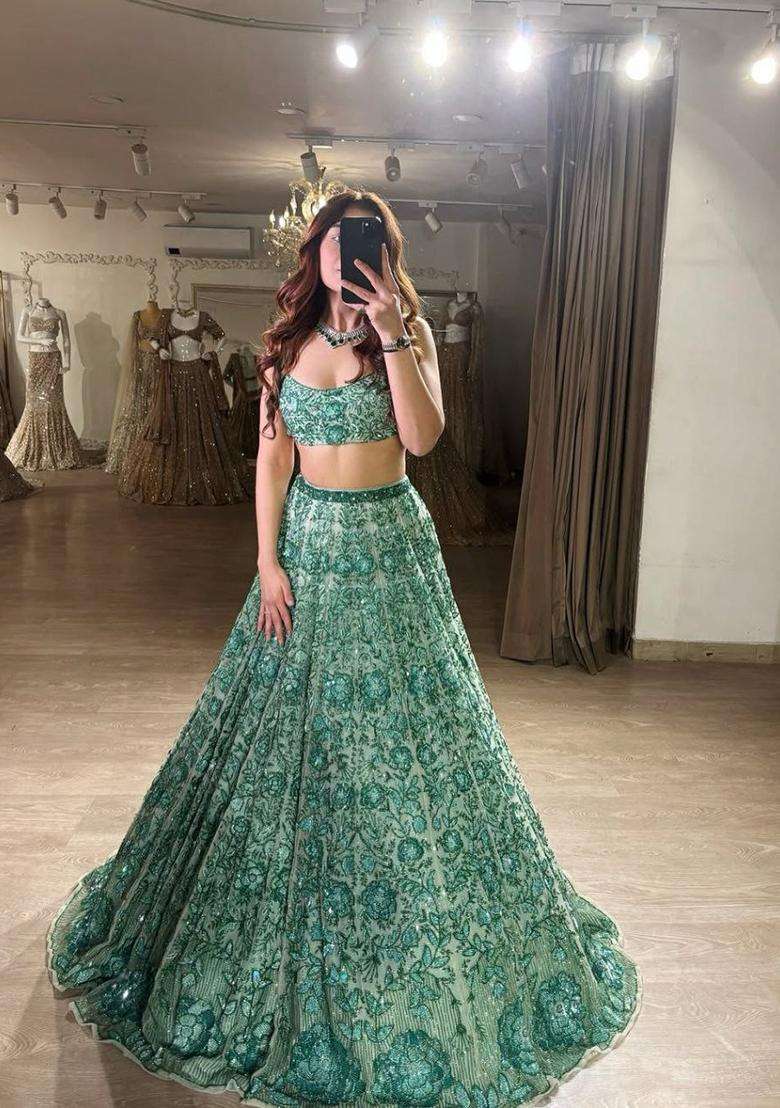 Sage Green Embroidery Georgette Lehenga Set for Diwali and Festive Wear - Indya