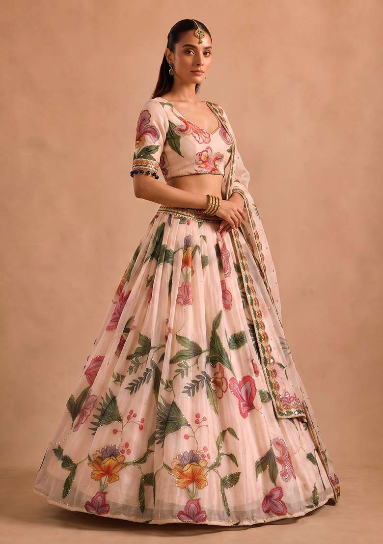 Multicolor Printed Silk Blend Lehenga Set for Diwali and Festive Wear - Indya