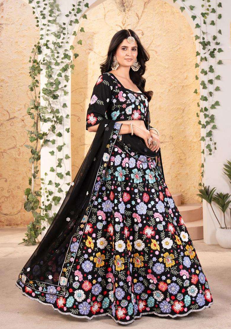 Multicolor Embroidery Georgette Lehenga Set for Diwali and Festive Wear - Indya