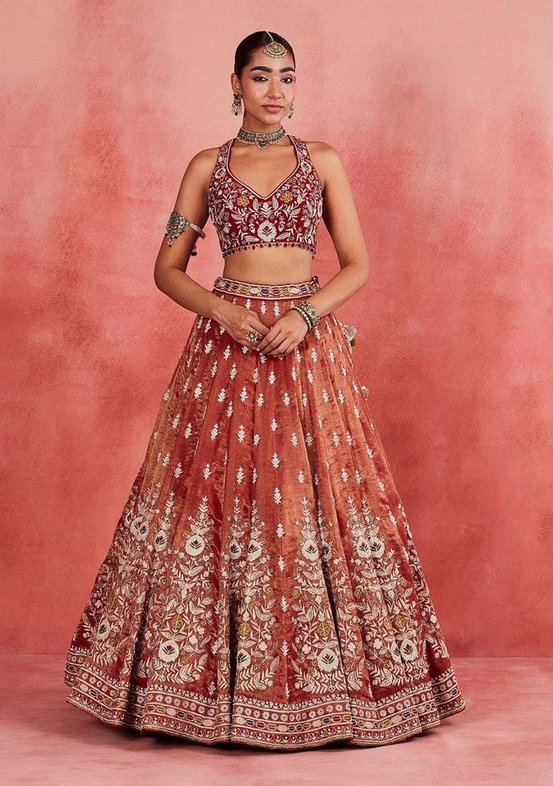 Multicolor Embroidery Silk Lehenga Set - Indya