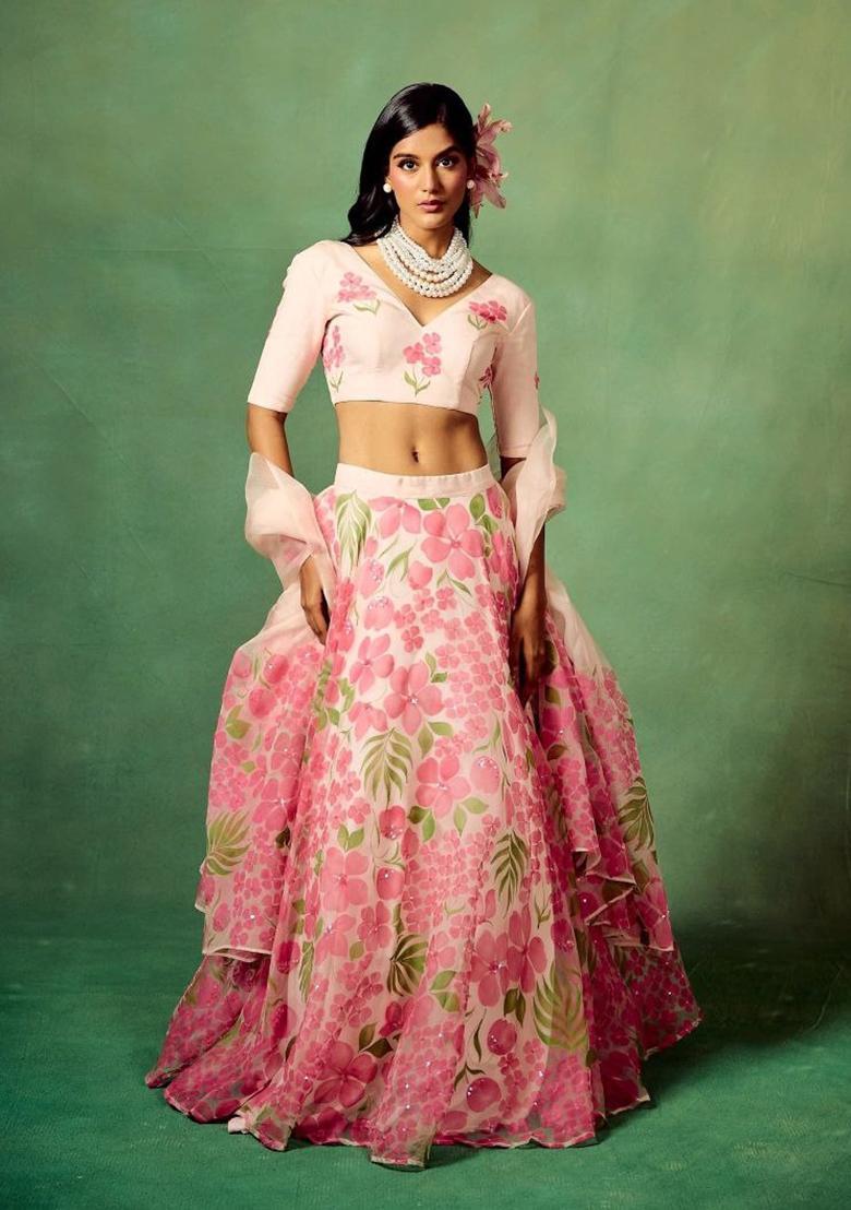 Multicolor Printed Silk Lehenga Set - Indya