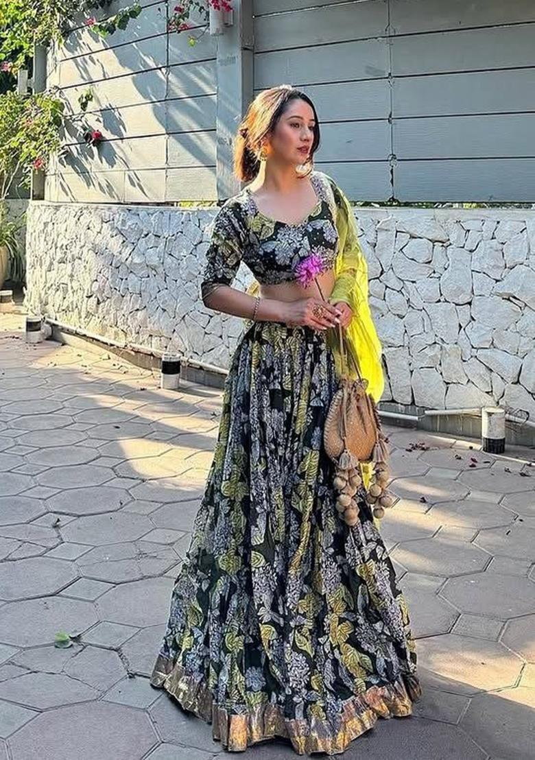 Multicolor Printed Silk Lehenga Set - Indya