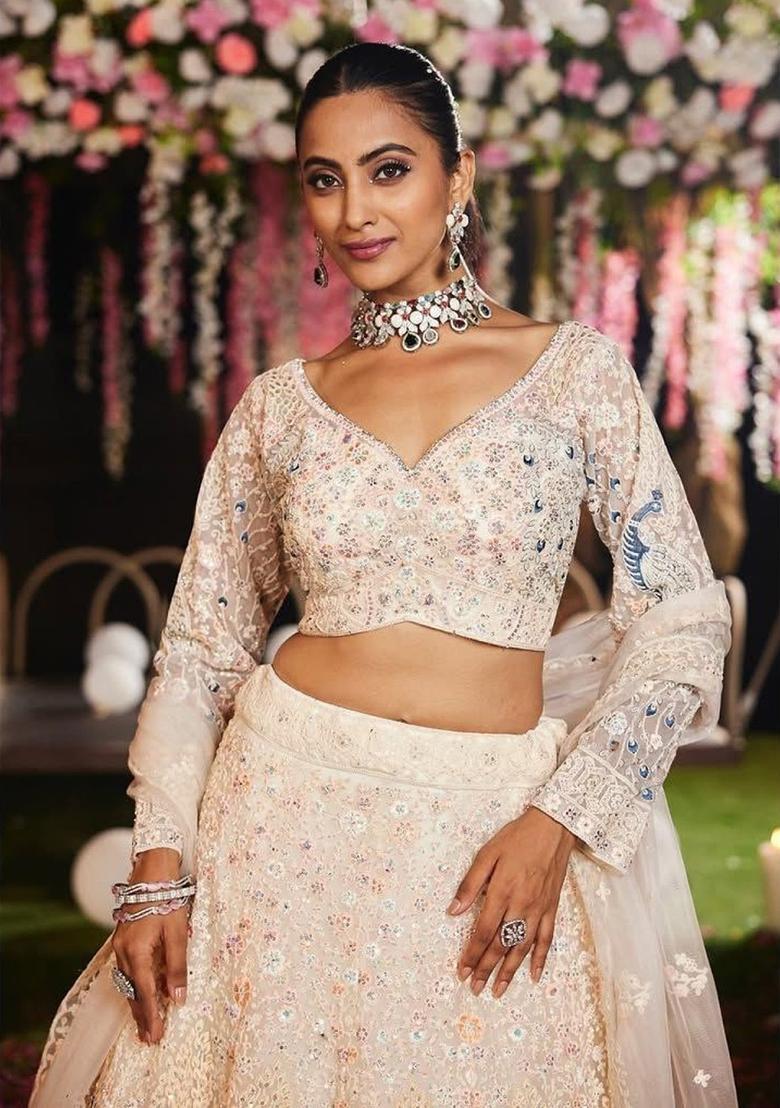 Multicolor Embroidery Net Lehenga Set - Indya