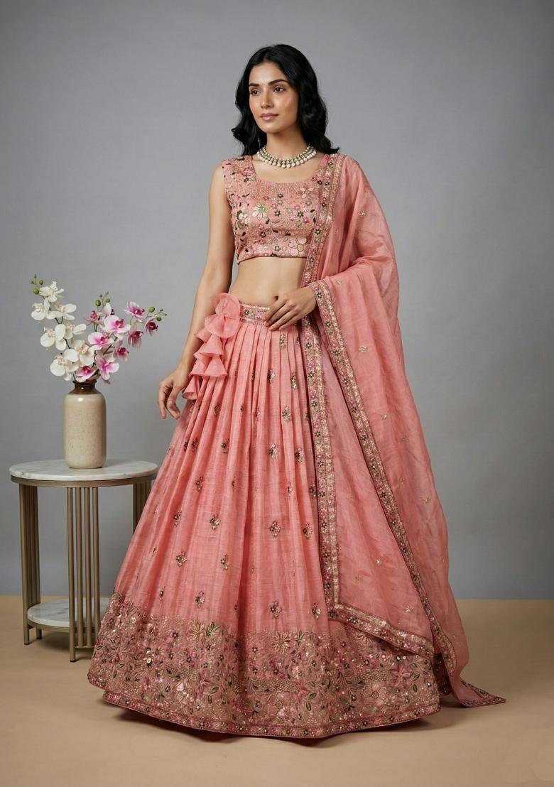 Peach Embroidery Silk Lehenga Set - Indya