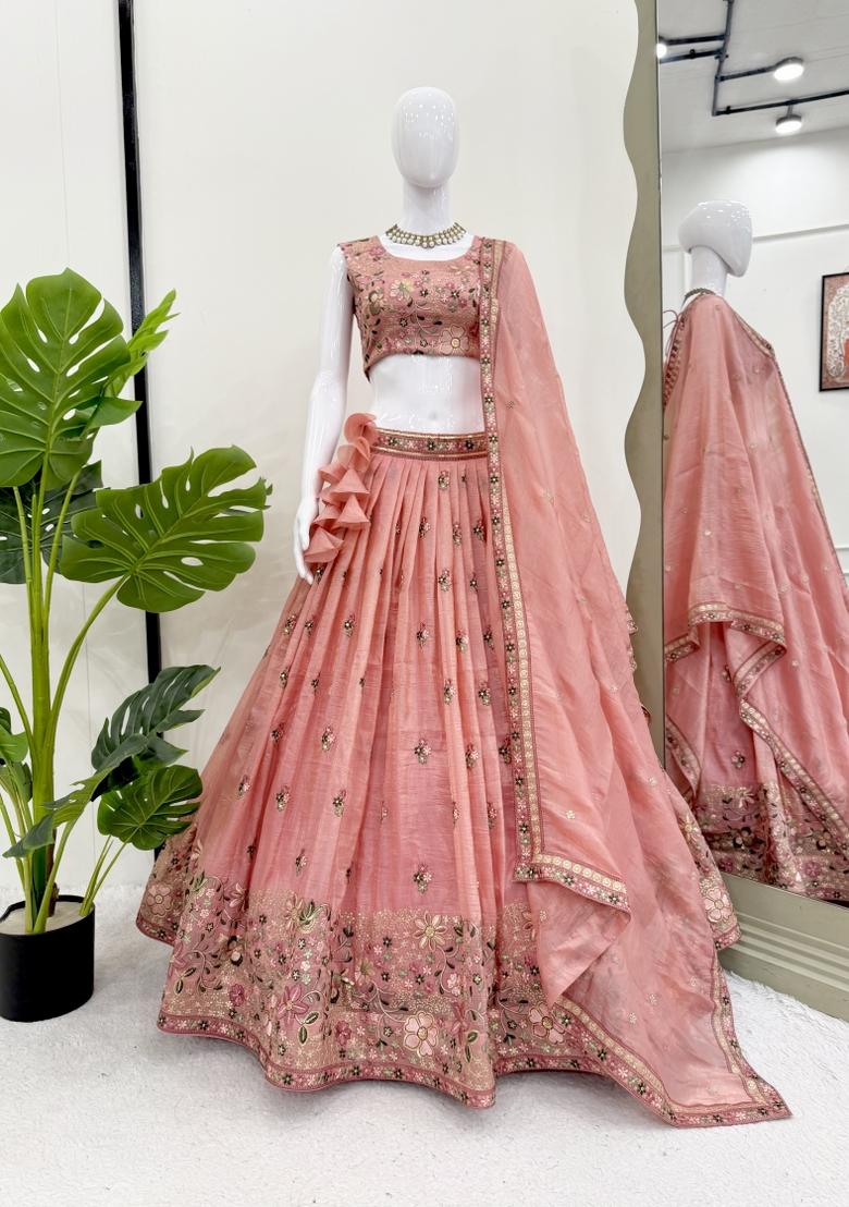 Peach Embroidery Silk Lehenga Set - Indya