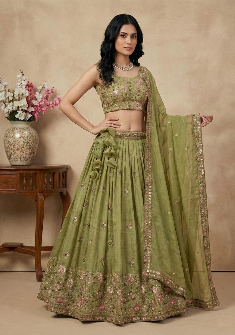 Pista Embroidery Silk Lehenga Set - Indya