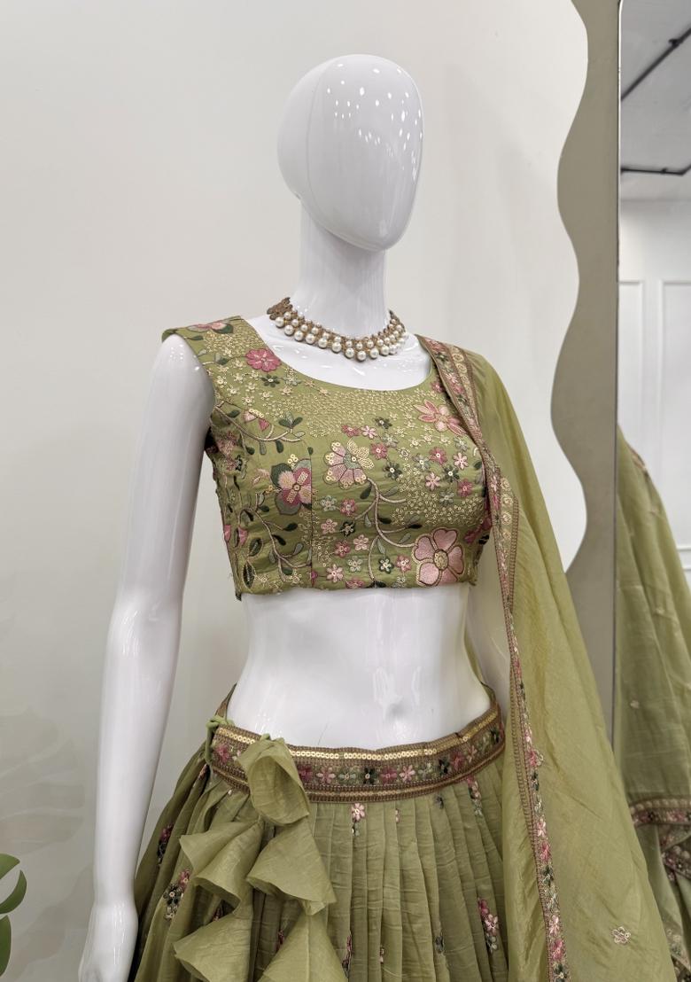 Pista Embroidery Silk Lehenga Set - Indya