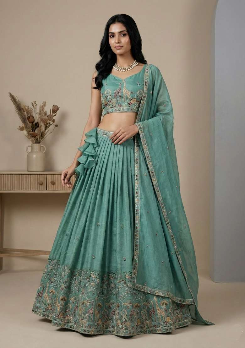 Sea Green Embroidery Silk Lehenga Set - Indya