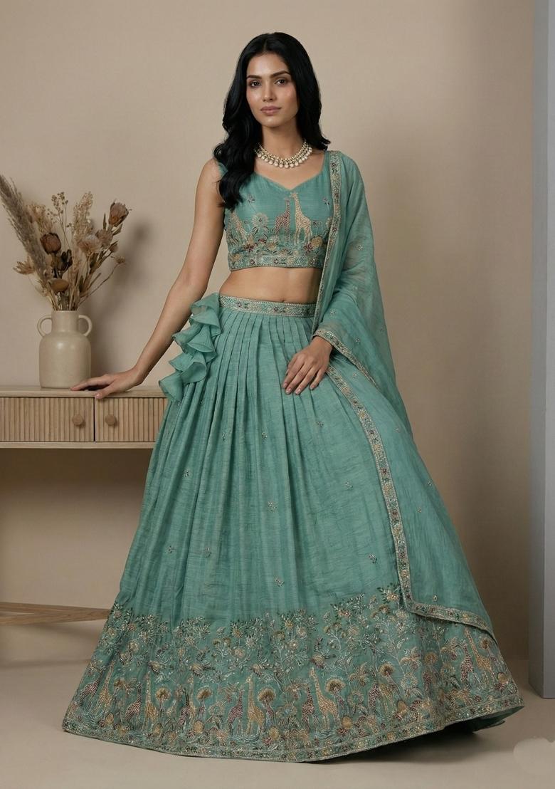 Sea Green Embroidery Silk Lehenga Set - Indya