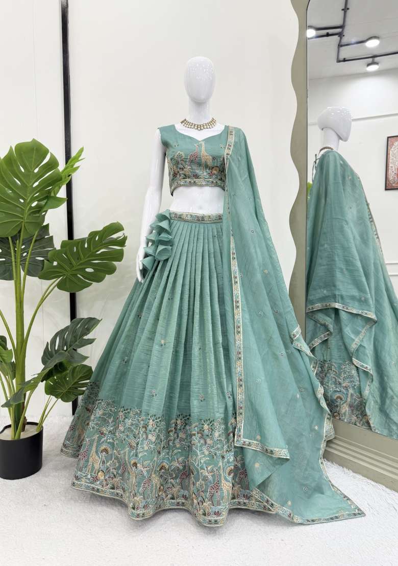 Sea Green Embroidery Silk Lehenga Set - Indya
