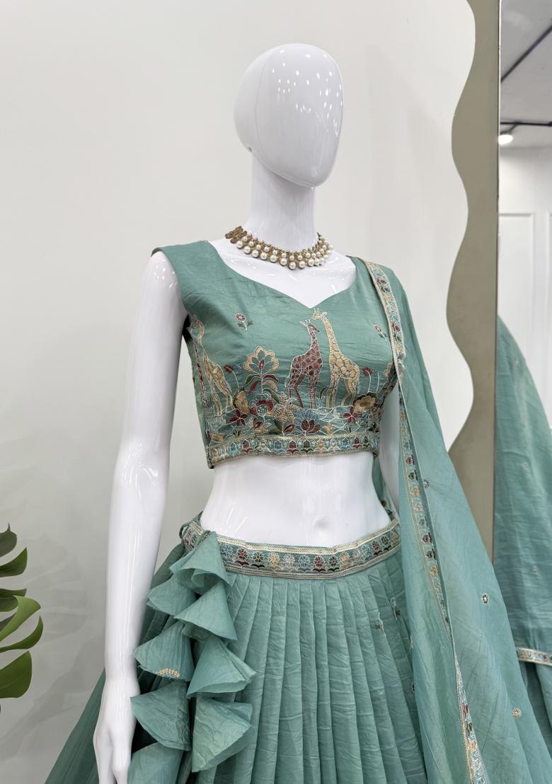 Sea Green Embroidery Silk Lehenga Set - Indya