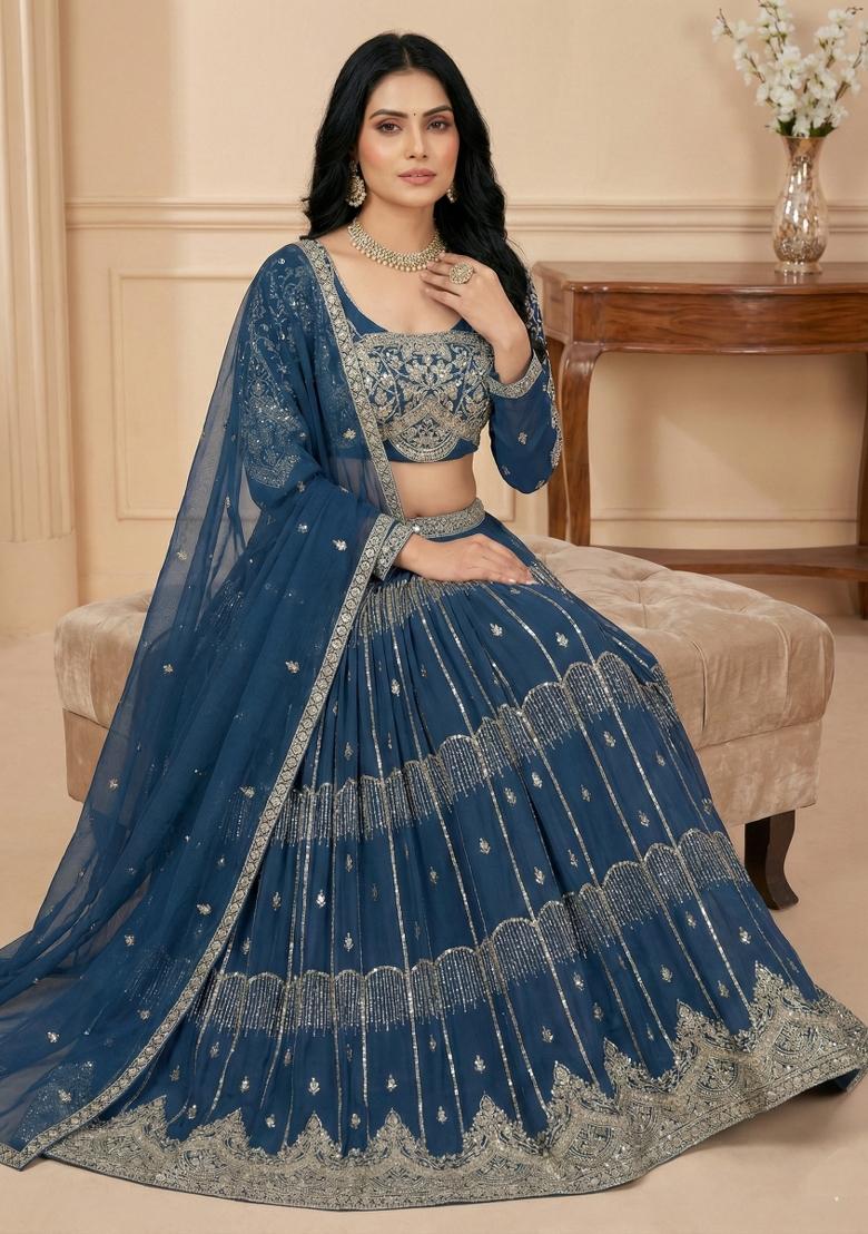 Teal Embroidery Georgette Lehenga Set - Indya