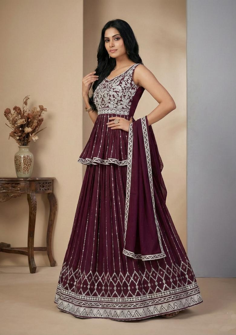 Wine Sequins Georgette Lehenga Set - Indya