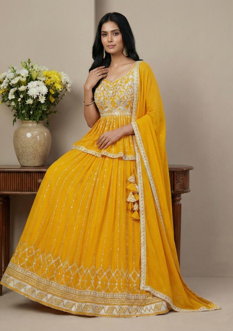 Yellow Sequins Georgette Lehenga Set - Indya